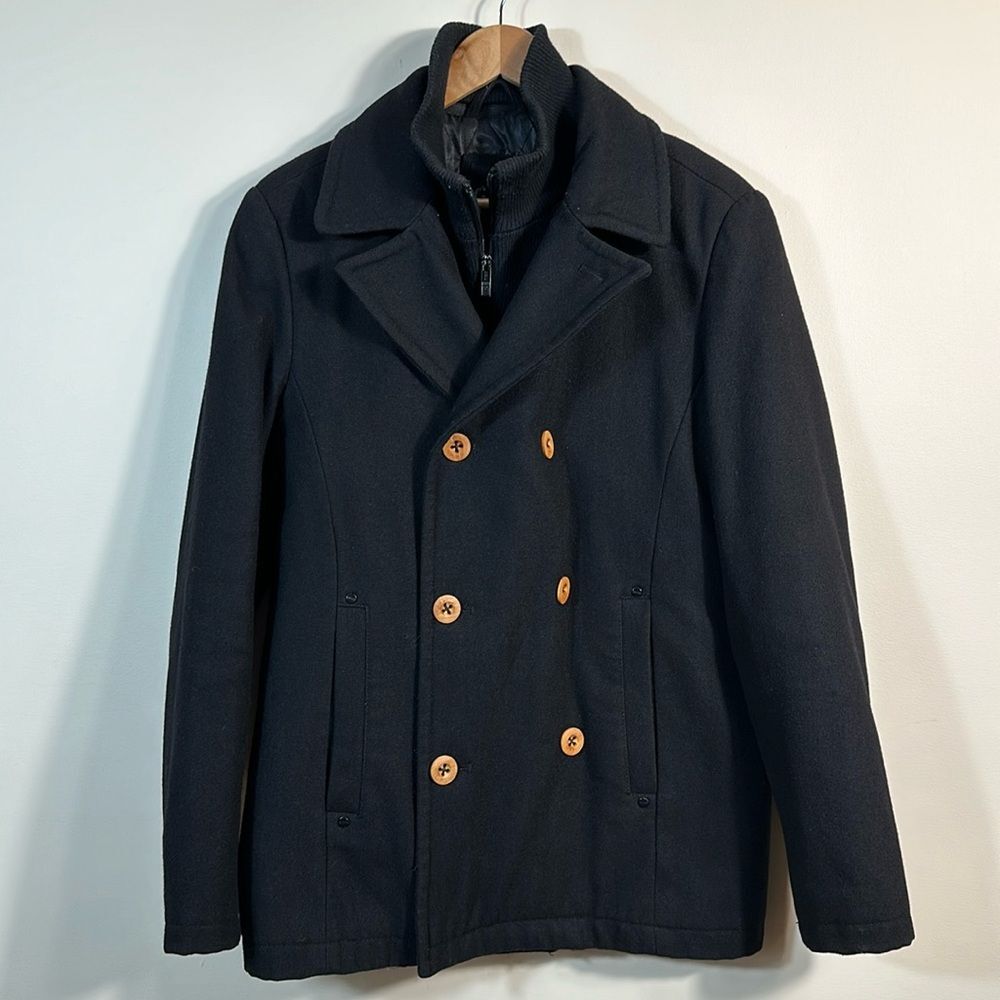 Guess Vintage Black Wool Lined Wooden Buttons Winter Inside Pockets Men Small